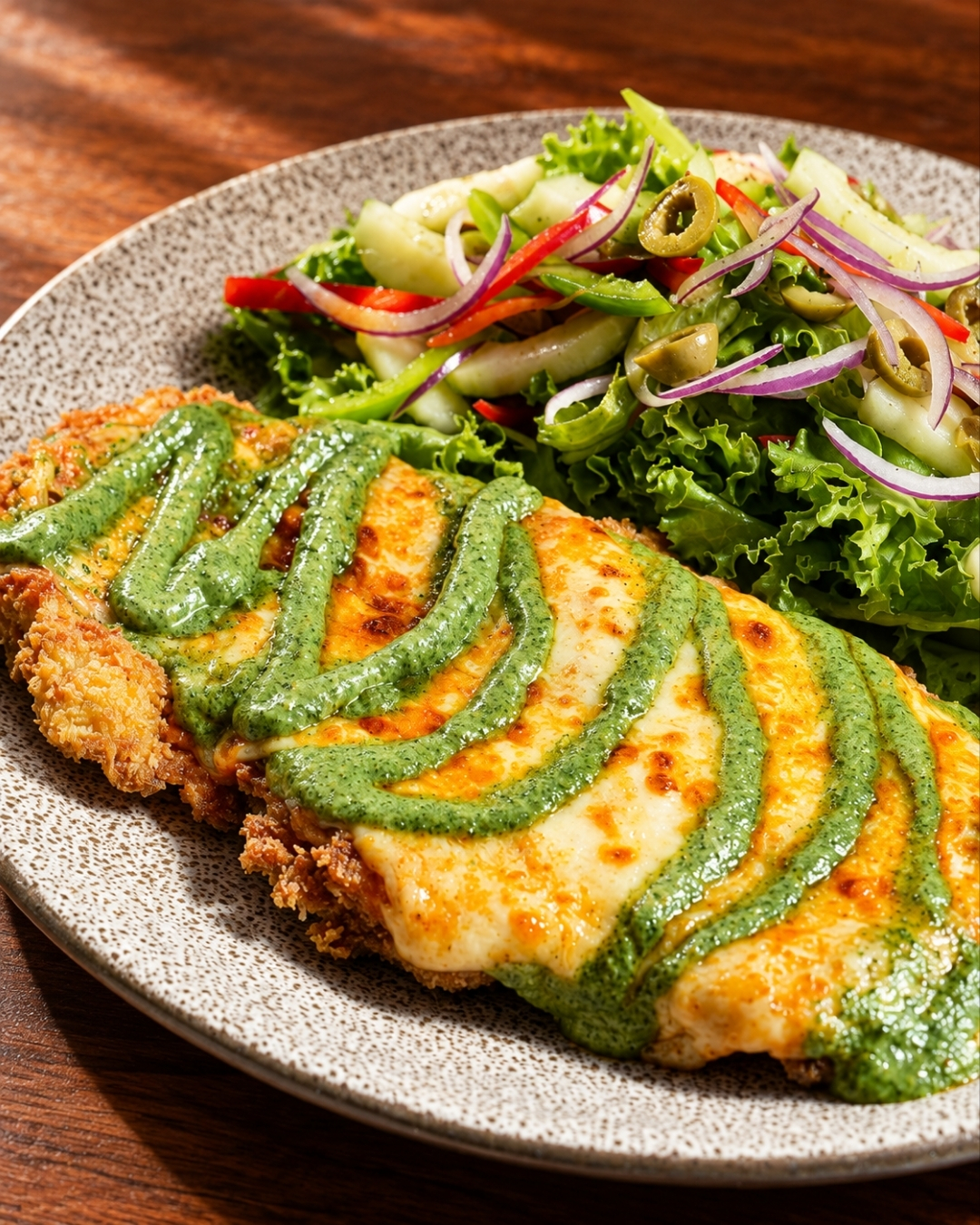 Pechuga parmesana con pesto de hoja santa